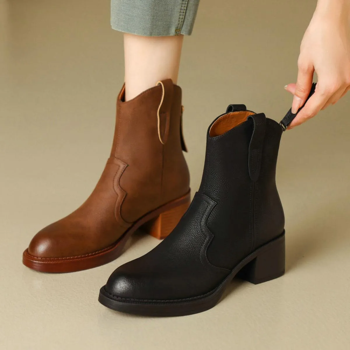 2024 Stivaletti da donna Cerniera Scarpe da ufficio da donna Donna Punta tonda Tacchi alti spessi Vera pelle invernale Taglia 34