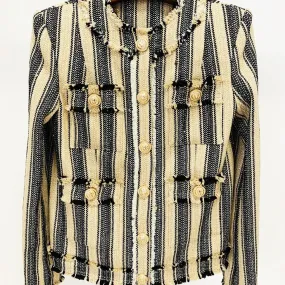 High Street Newest 2023 A/w Designer Capispalla da donna Elegante giallo nero a righe nappe e frange giacca di tweed