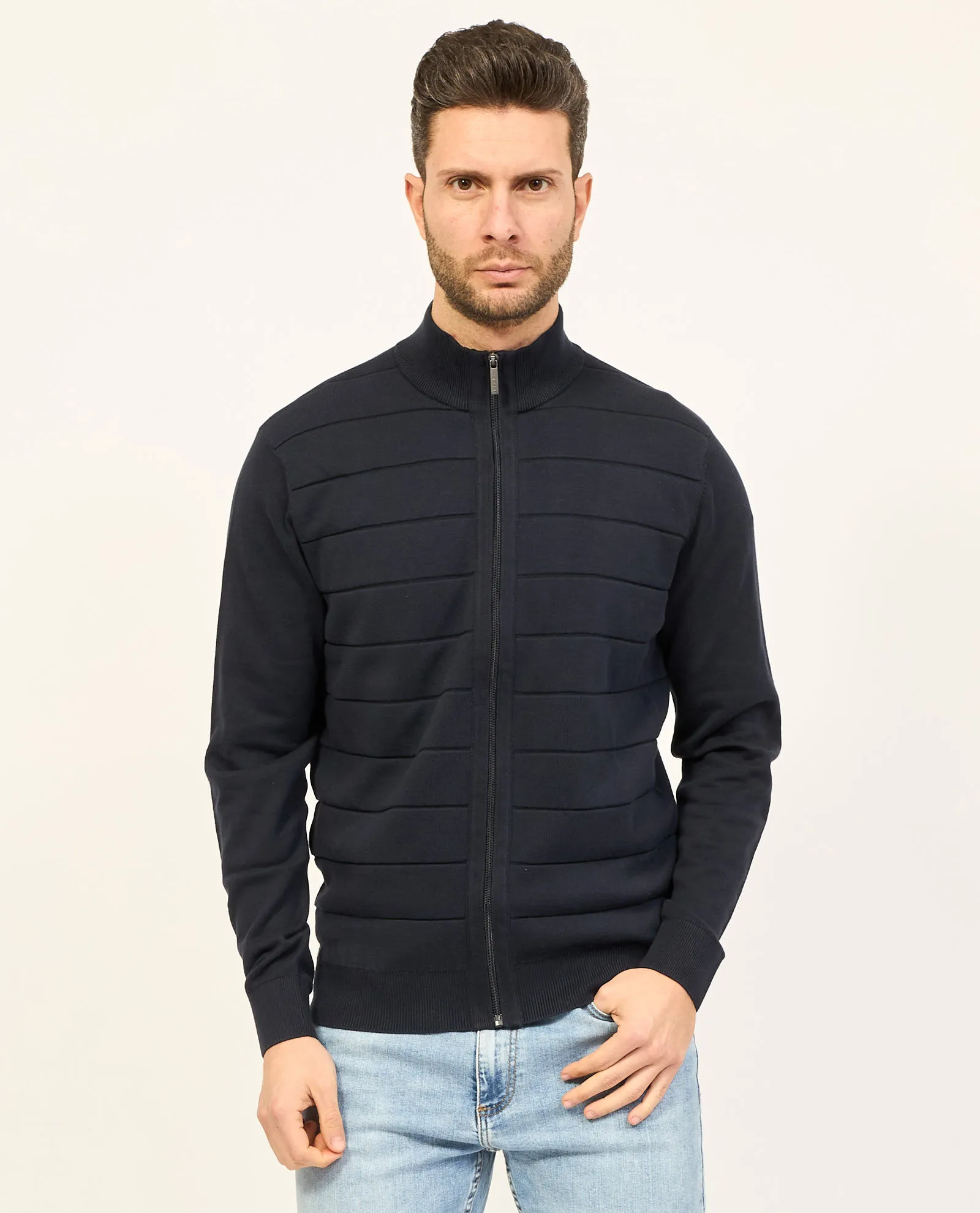 Maglia blu Bugatti a collo alto con zip