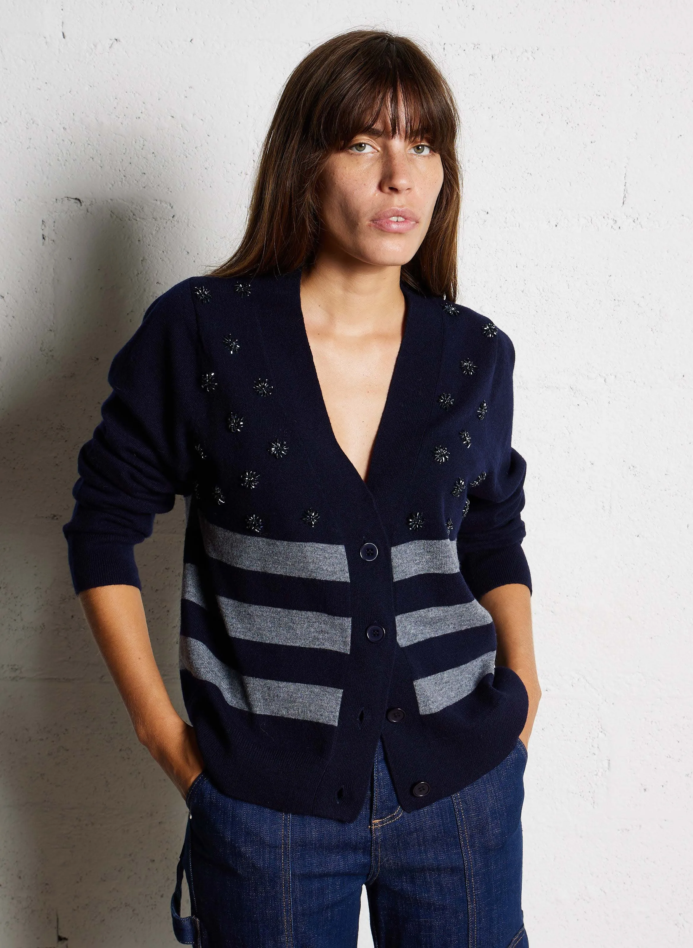  STELLA FOREST   LILOU - Gilet a collo a V ampio in lana a righe | Blu