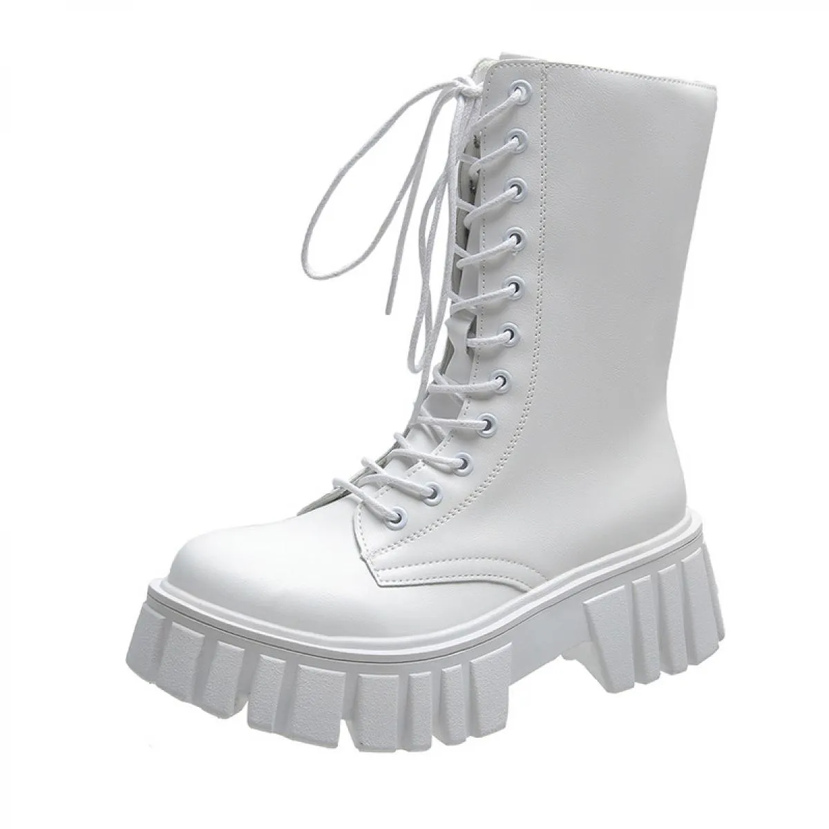 Stivaletti in pelle PU bianchi per donna 2023 scarpe stringate alla moda stivali da moto con plateau autunno inverno donna