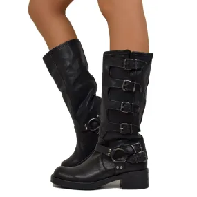 Stivali Biker 5 Fibbie Neri Punta Squadrata Made in Italy