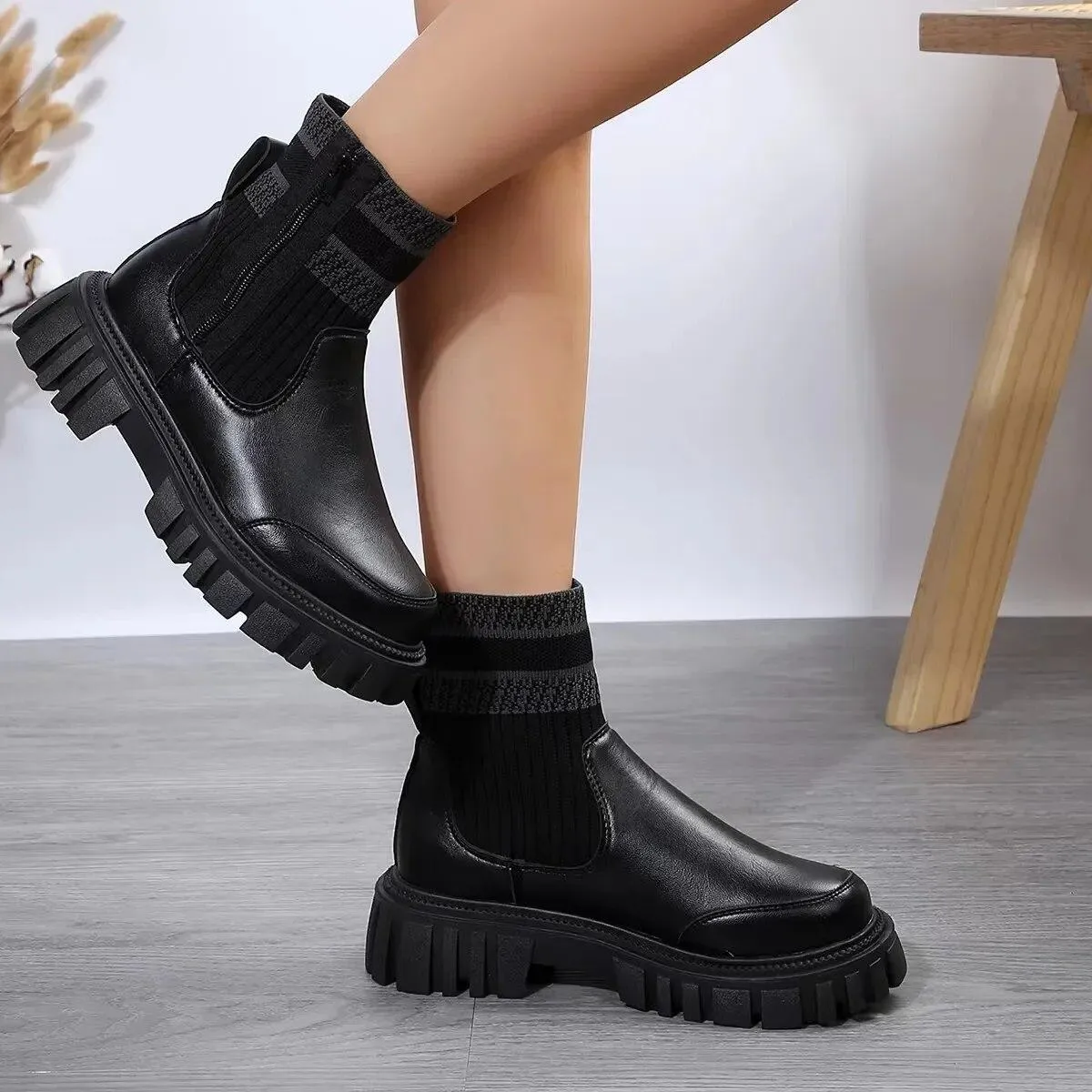 Stivali invernali Sneakers da donna Stivali da donna Stivaletti rotondi in PU alla moda 2023 Stivali neri elastici invernali Sti