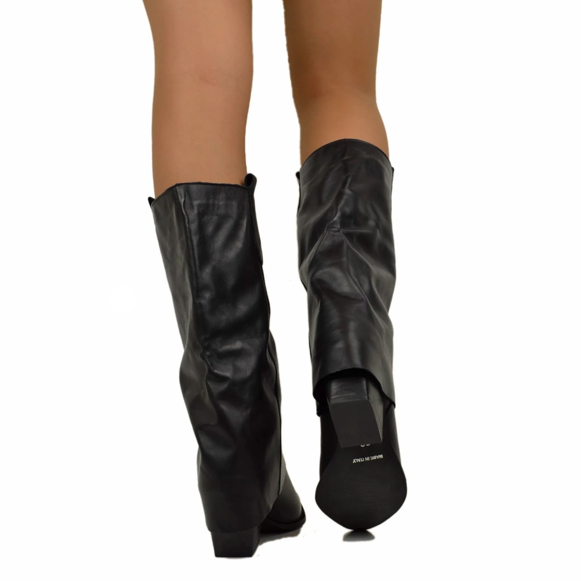 Texani con Ghetta Tacco Medio Vera Pelle Artigianali Black